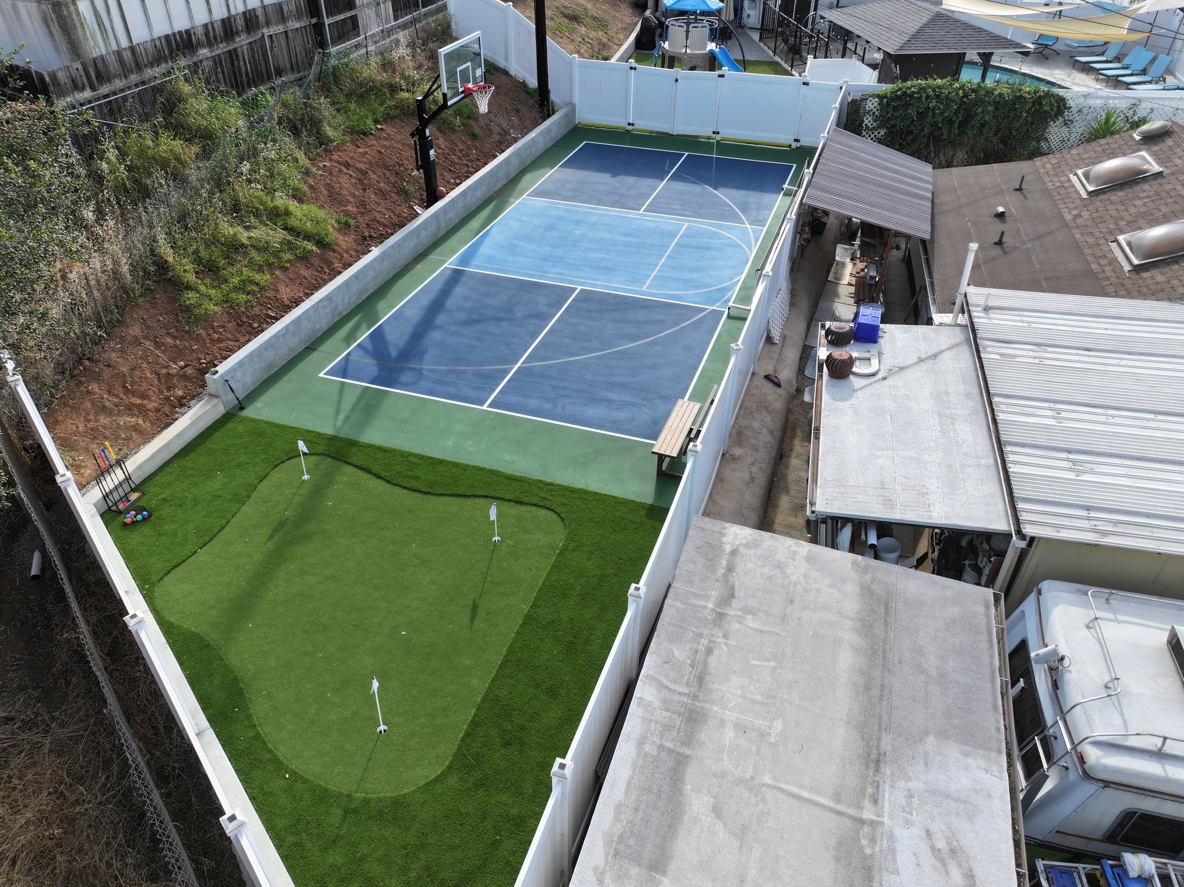 Aerial view of a finished concrete pickleball court